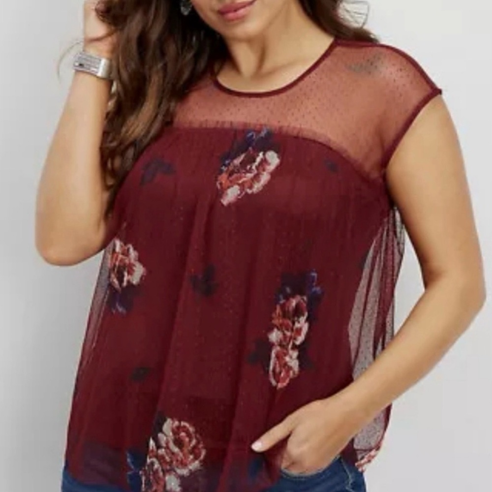 2 for $35 | Floral Burgundy Sheer Women's Top